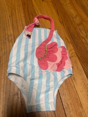 Girls Blue & White Stripe Flamingo Swimsuit - Pink Flamingo Accent